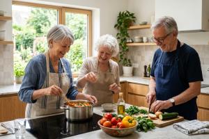Dans une cuisine, trois seniors sont en train de cuisiner. Il fait beau, une belle lumière douce, at