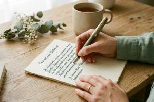 Une vue rapprochée de mains écrivant soigneusement au stylo plume sur un papier élégant, disposé sur