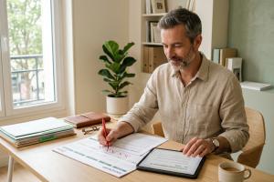 Une personne de 45 ans sereine dans un bureau moderne et lumineux, consultant avec attention des doc