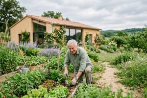 Un senior jardinant sereinement dans un potager baigné de lumière matinale. Arrière-plan a