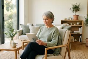 Prompt 1: Une femme d'une soixantaine d'années assise dans un salon baigné de lumière naturelle, exa
