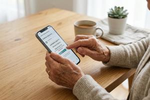 Prompt 2: Plan rapproché sur les mains d'une personne senior tenant un téléphone portable dans un en