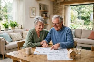 Un couple de seniors sereins dans un salon contemporain et lumineux, entourés de textures naturelles