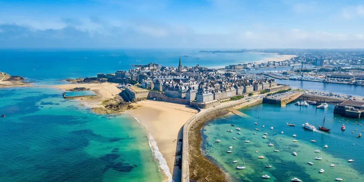 aerial view of the beautiful city of privateers - saint malo in brittany, france