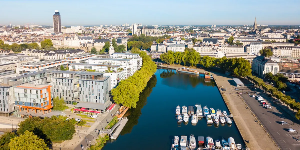 boats and yachts on the erdre river dock in nantes city, france
