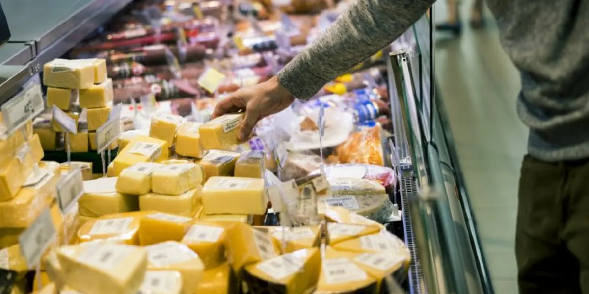 close up person choosing piece of cheese in food shop