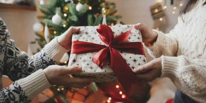 couple exchanging christmas gift with red bow on background of christmas tree with lights stylish couple hands holding present with red ribbon close up in festive decorated room happy holidays