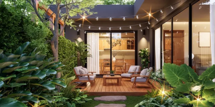 modern contemporary style small wooden terrace in lush garden with house interior background 3d render, there are green wall fence decorated with white outdoor furniture and string light