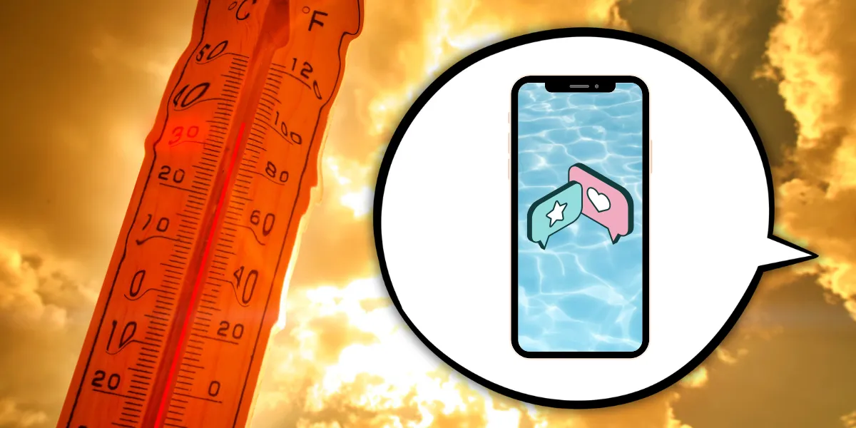 Thermomètre chaleur extrême, téléphone avec piscine en fond pour montrer fraicheur 