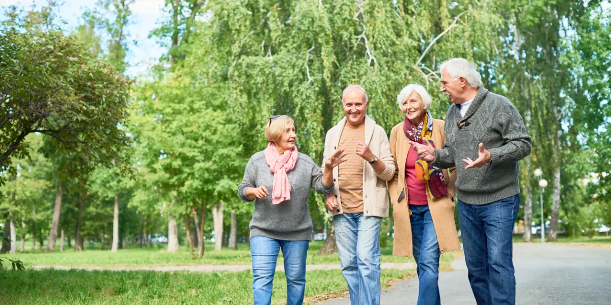 Joyful group of senior friends wearing warm clothes walking along park alley and chatting animatedly with each other, picturesque view on background