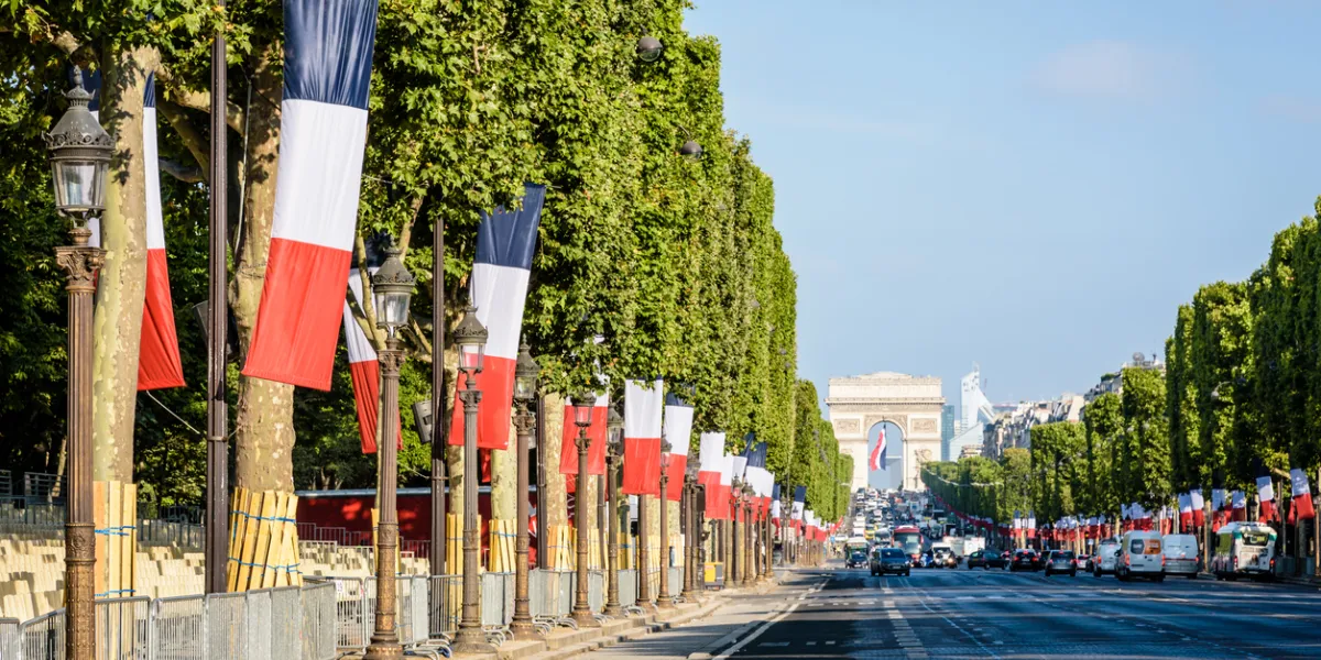 Drapeaux français le long des champs elysées
