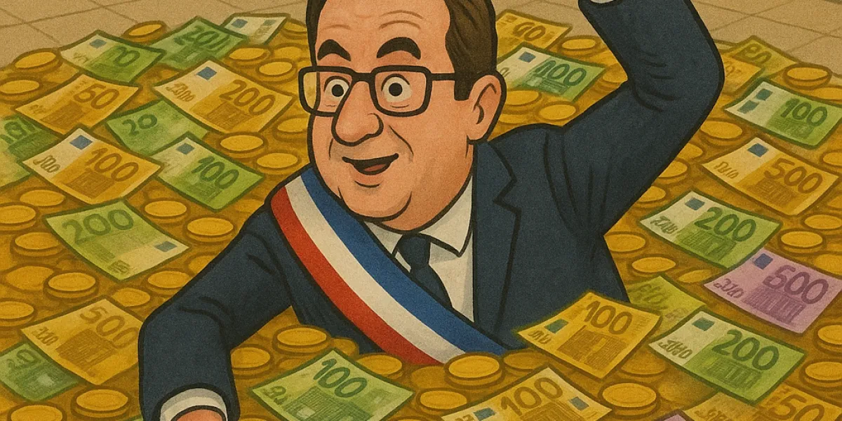 homme politique français nageant dans une piscine d'argent public