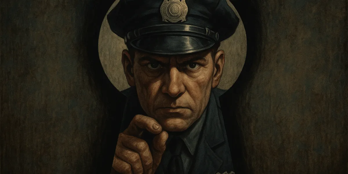 un policier regarde par le trou de la serrure