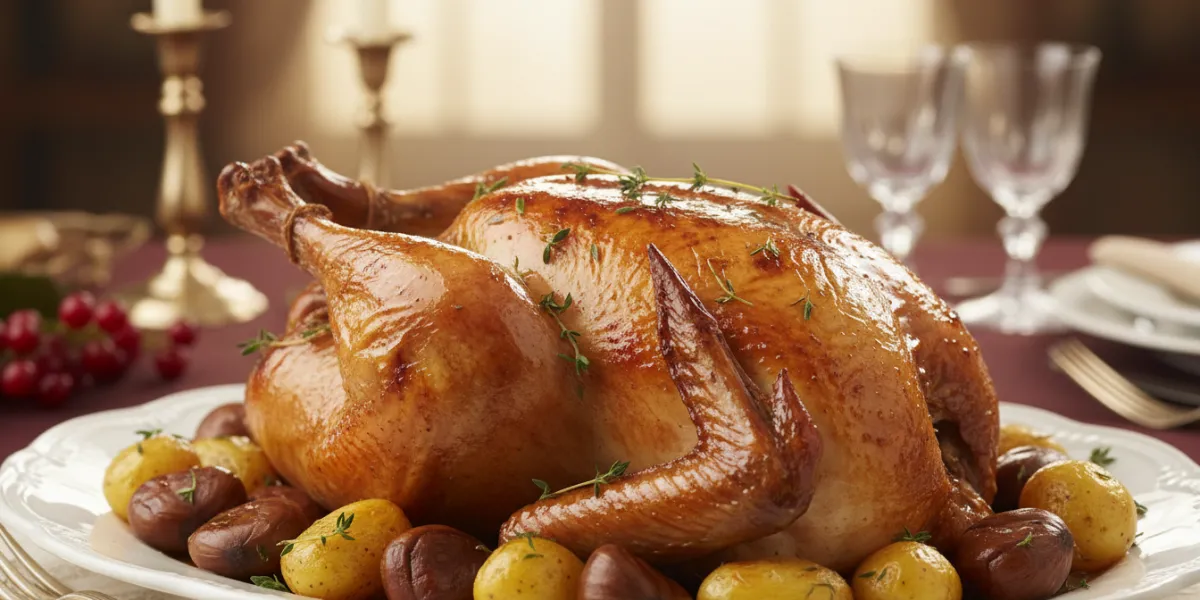 Plan moyen d'un chapon de Bresse rôti, illustrant le passage au "repas gras" d'abondance après la me