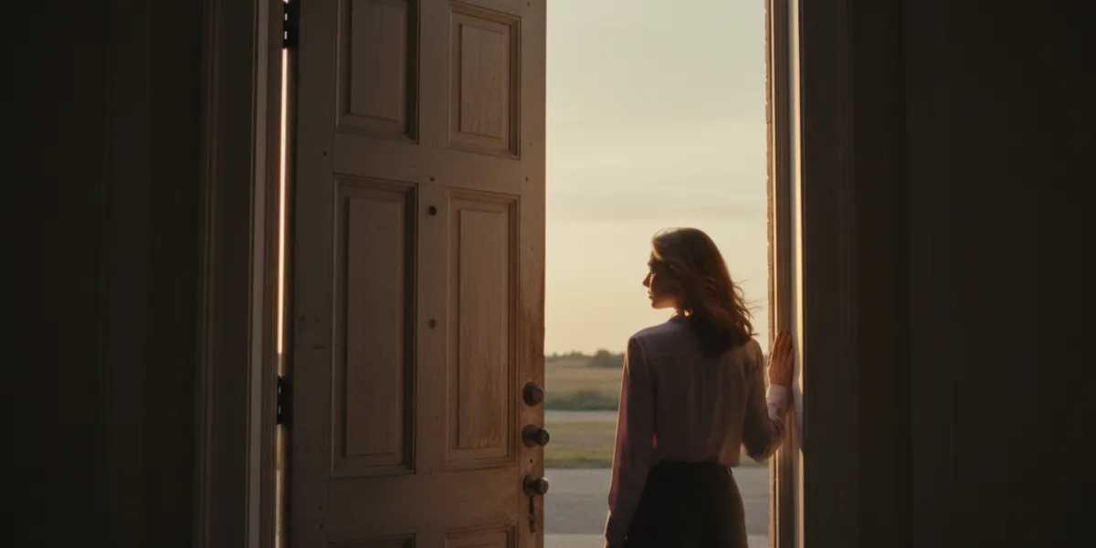 Une femme élégante se tient dans l'embrasure d'une porte massive et haute en bois patiné, symbolisan