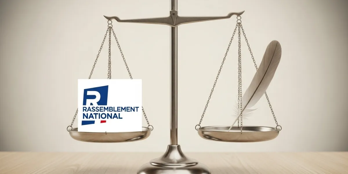 une balance représentant la justice avec d'un côté le logo du rassemblement national et de l'autre u
