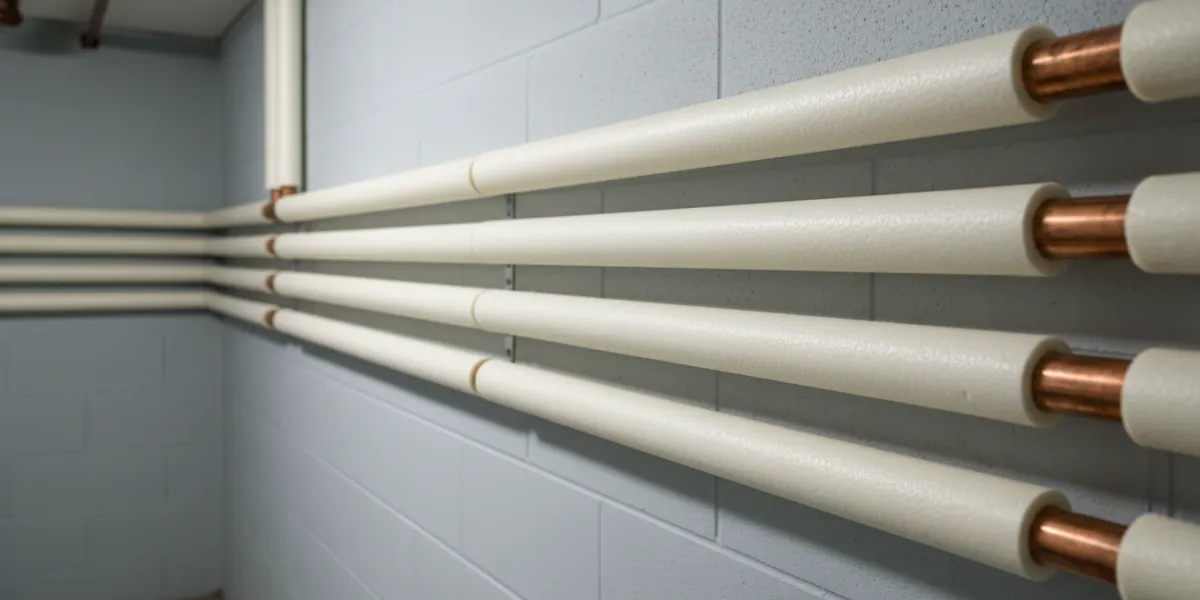 Plan large dans un sous-sol ou une cave propre et bien éclairée, montrant une série de tuyaux de cha