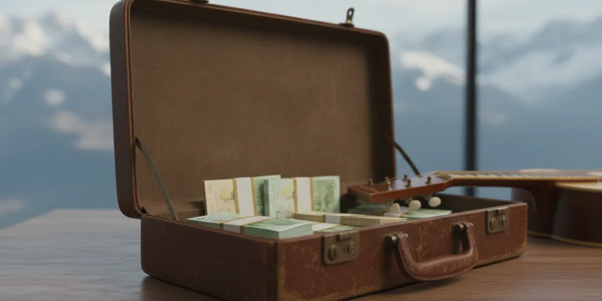 Un gros plan (macro) cinématographique sur une vieille mallette en cuir marron légèrement usée, posé