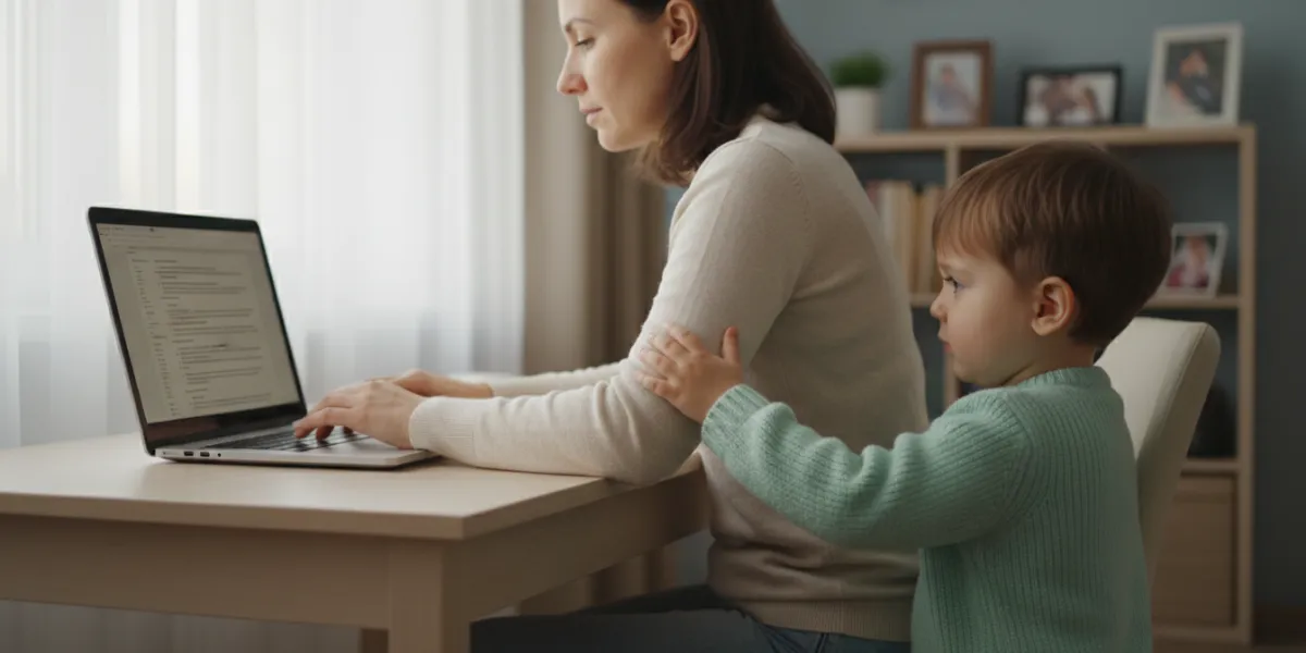 Plan moyen en intérieur, montrant une femme d'une trentaine d'années travaillant à un bureau en bois