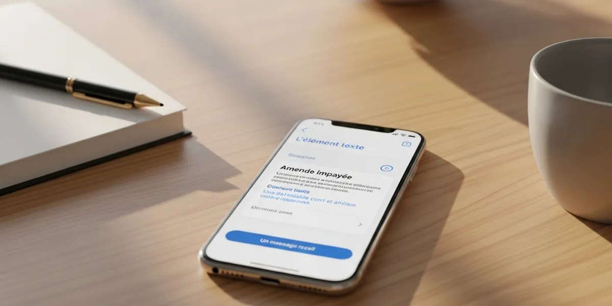 Gros plan d'un smartphone posé sur un bureau en bois clair. L'écran affiche un message texte suspect