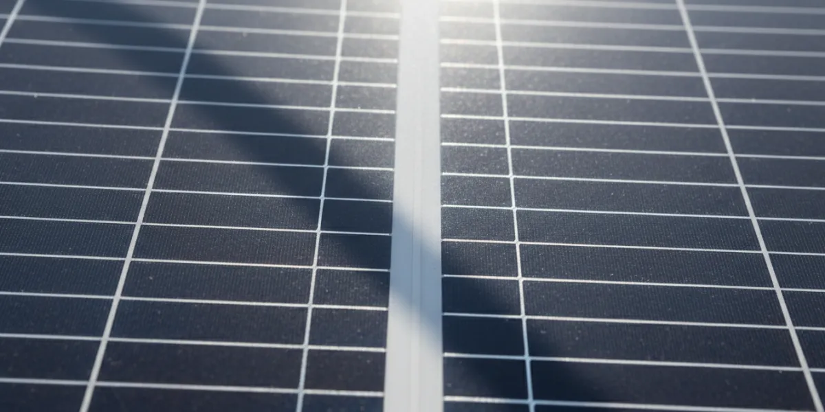Un gros plan (macro) très serré sur la grille d'un module photovoltaïque monocristallin. La surface 