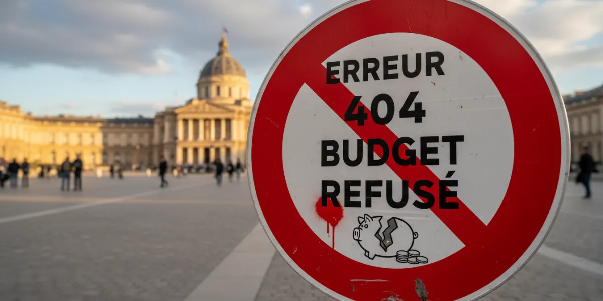 un panneau sens interdit avec un gros erreur 404 Budget refusé écrit dessus

En arrière plan, l'asse