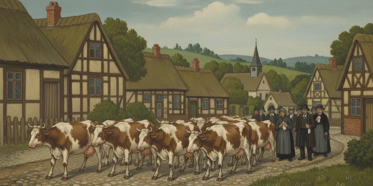 illustration représenant un enterrement de village avec un corbillard suivi par un troupeau de vache