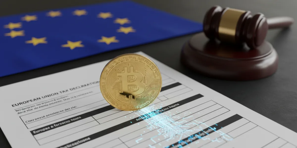 Hyper-realistic editorial illustration for financial news. Close-up of a physical golden Bitcoin res