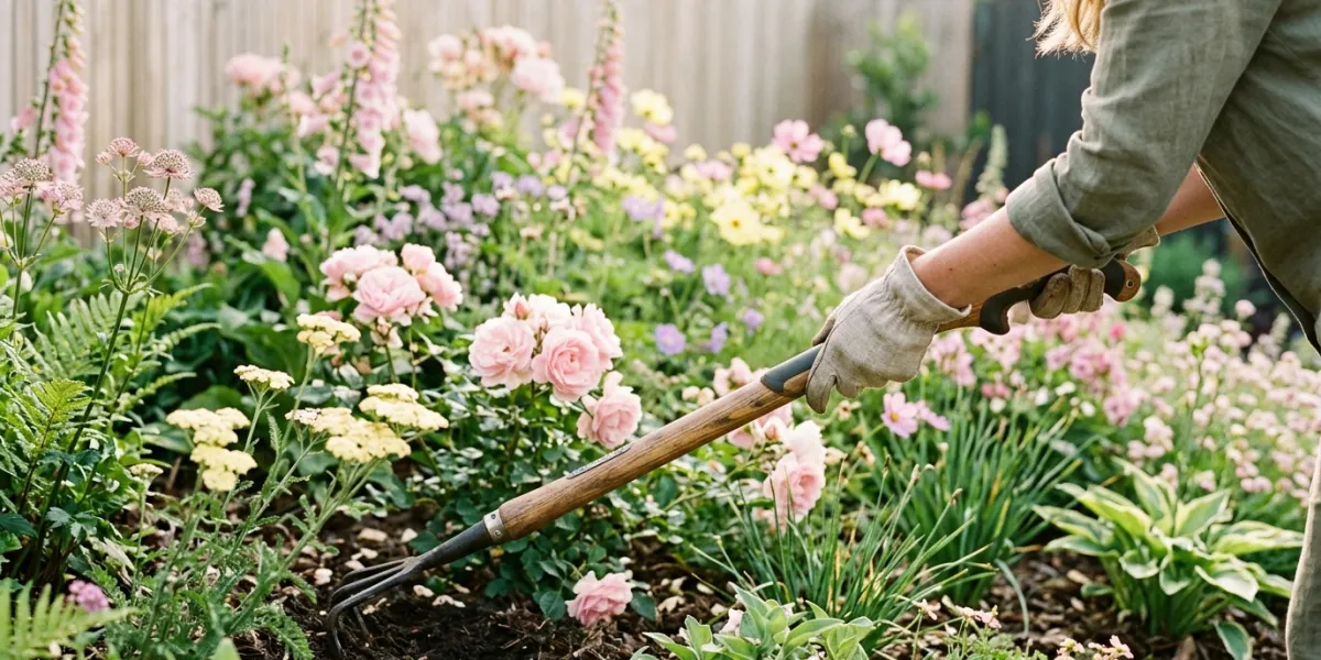 Prompt 2: Gros plan sur des mains utilisant un outil de jardinage ergonomique à long manche dans un 