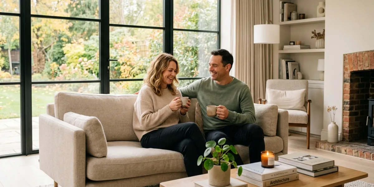 Prompt 1: Une scène d'intérieur chaleureuse et lumineuse montrant un couple de quadragenaires souria