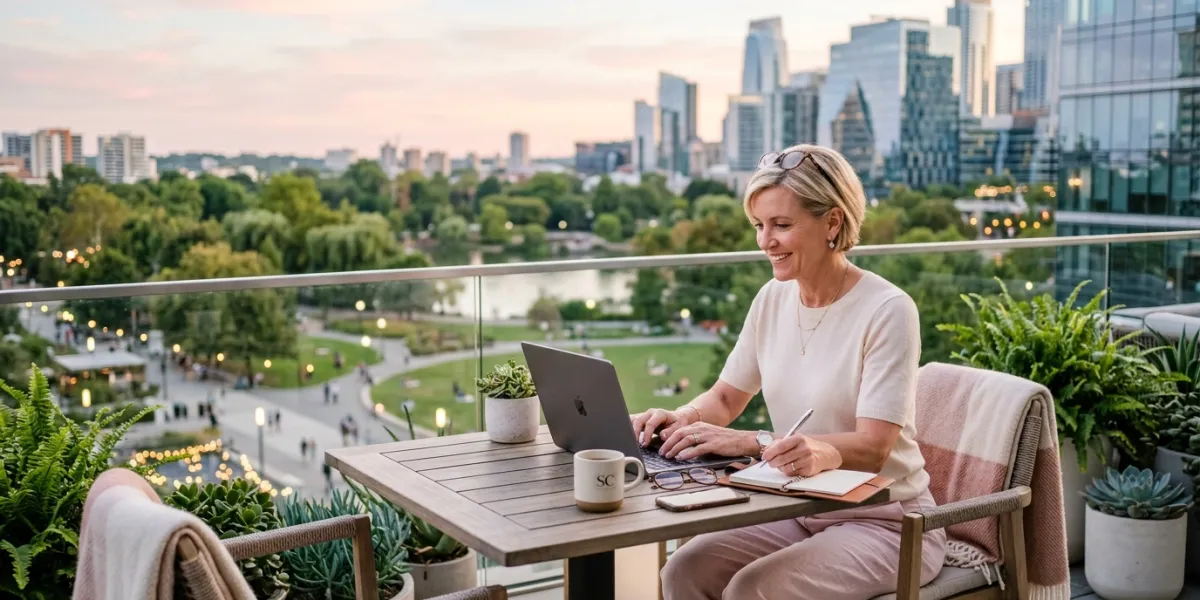 A confident professional woman in her 50s working on a terrace with a view of a modern city park. So