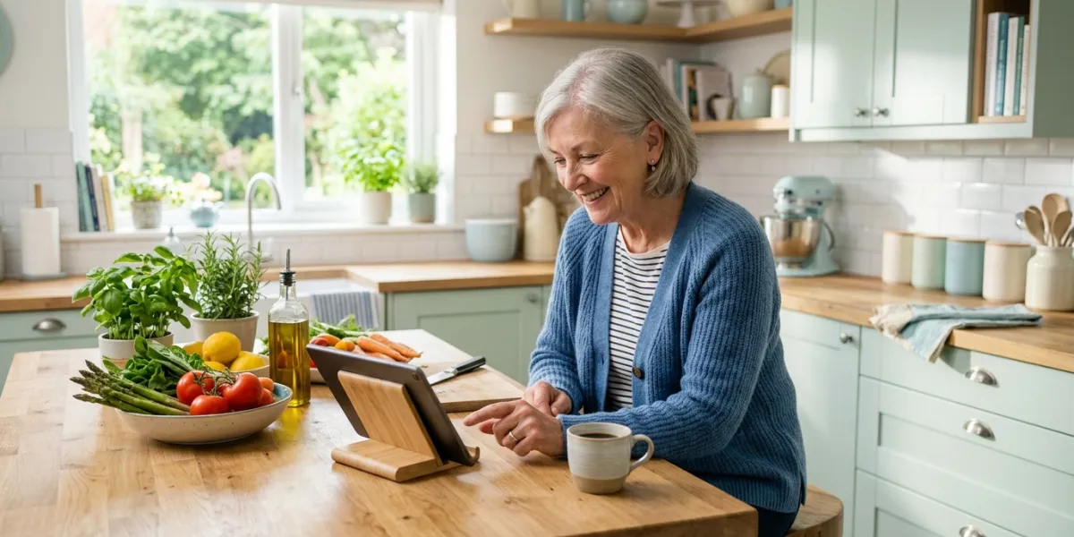 Prompt 1: Une cuisine contemporaine et lumineuse aux tons pastel doux. Une femme senior sourit en co
