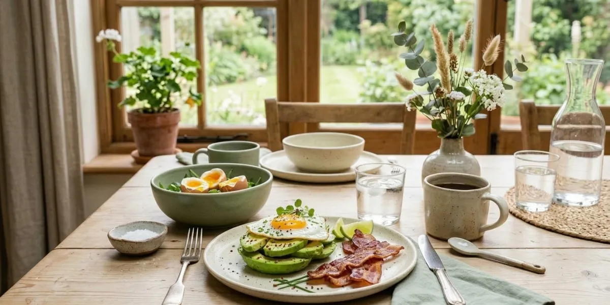 Prompt 1: Une table de petit-déjeuner contemporaine baignée d'une lumière matinale douce, mettant en