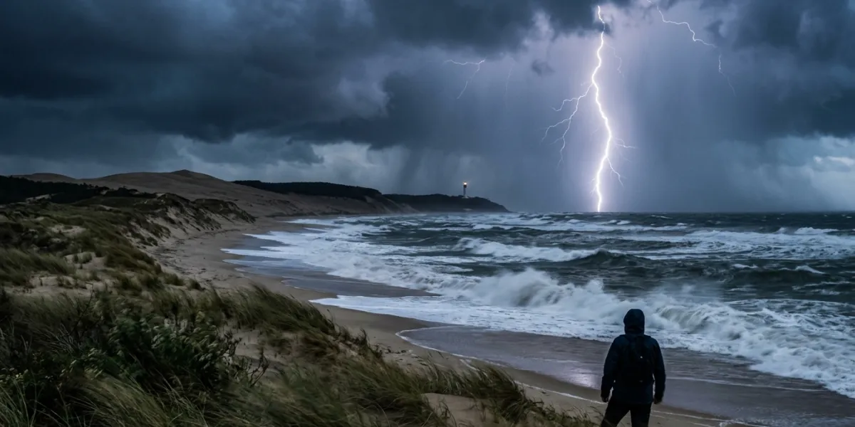 Une photo du littoral de la Gironde sous un ciel d'orage avec de l'activité électrique et du vent