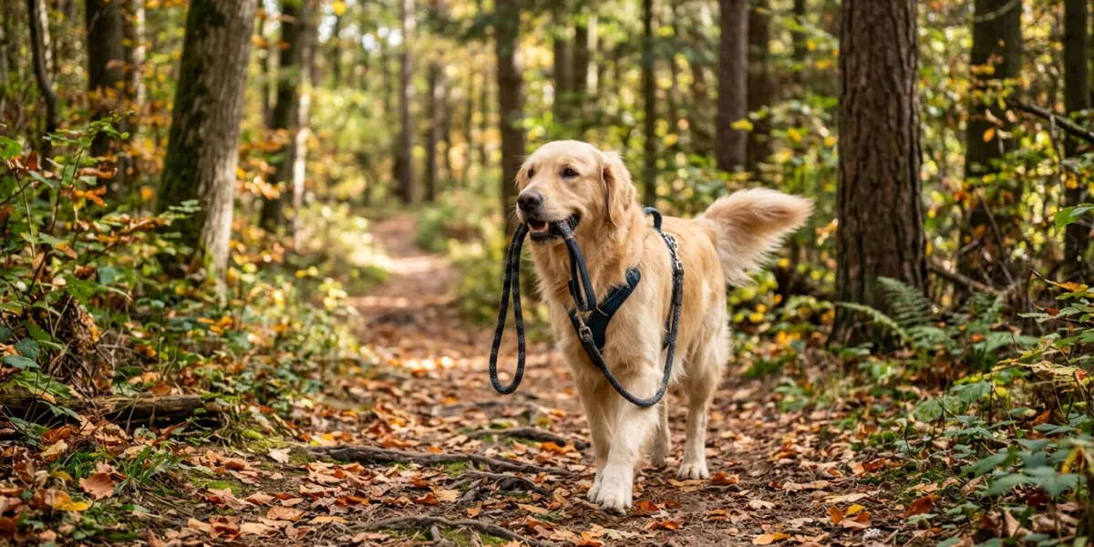un chien en train de marcher dans un bois, il tient sa laisse dans sa gueule