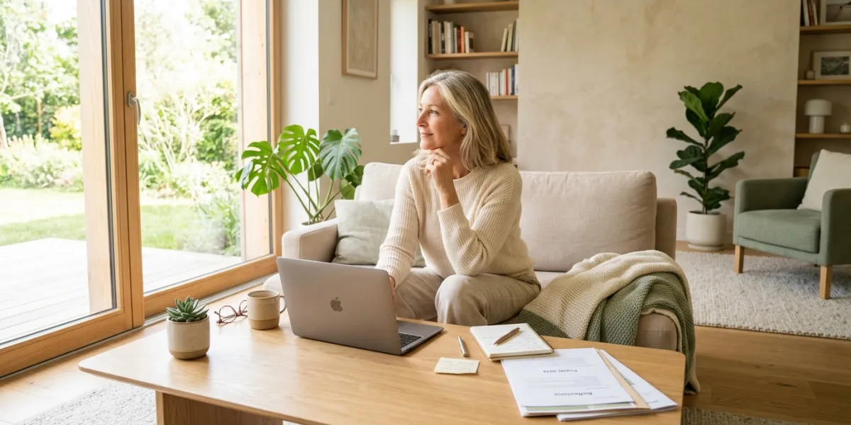 Une personne d'une cinquantaine d'années réfléchissant sereinement dans un salon contemporain et bai
