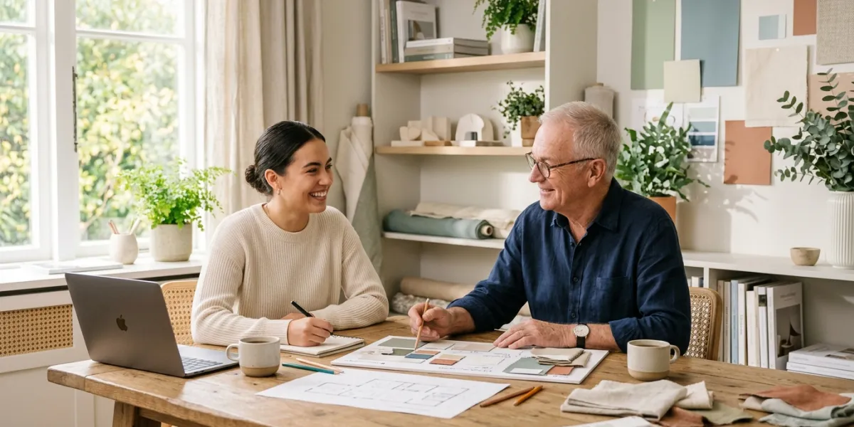 Une scène de collaboration inspirante dans un studio de design lumineux. Un dirigeant expérimenté au