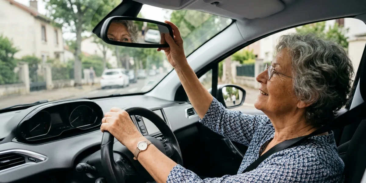 Une femme de 70 ans au volant d'une voiture à l'arrêt. Elle règle son rétro viseur
