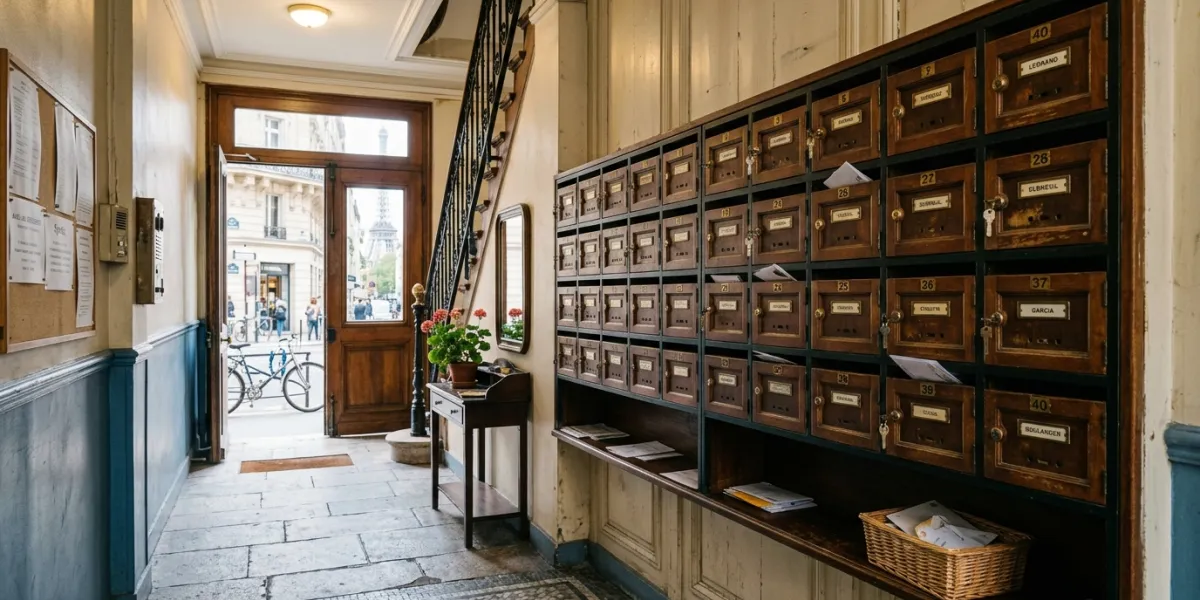 Une photo de boîtes aux lettres dans le hall d'un immeuble à Paris.