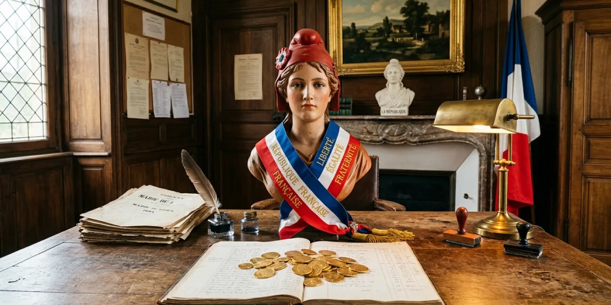 un image symbolique d'un bureau de mairie retro façon XIXe avec sur la table marianne avec bonnet ph