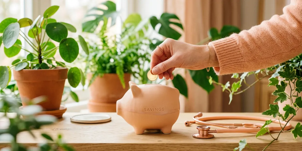 Une main déposant délicatement une pièce dans une tirelire minimaliste en céramique à côté d'un stét