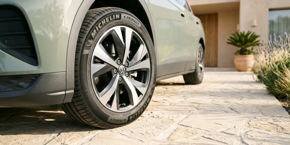 A close-up shot of a modern electric car's tire on a sun-drenched, light-colored stone driveway. The