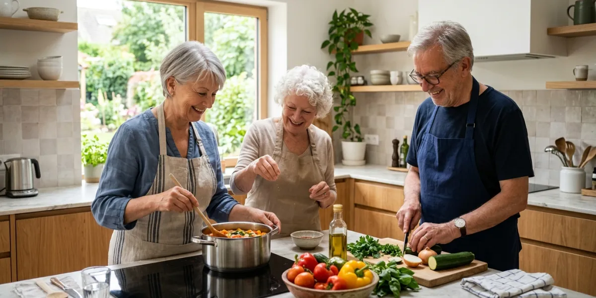 Dans une cuisine, trois seniors sont en train de cuisiner. Il fait beau, une belle lumière douce, at