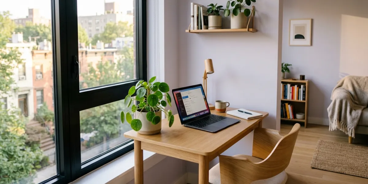 Prompt 3: Un espace de travail chaleureux et bien éclairé dans un micro-appartement moderne. Un peti