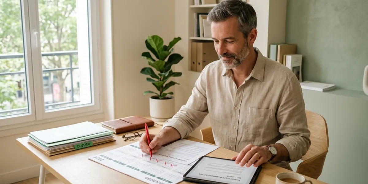 Une personne de 45 ans sereine dans un bureau moderne et lumineux, consultant avec attention des doc