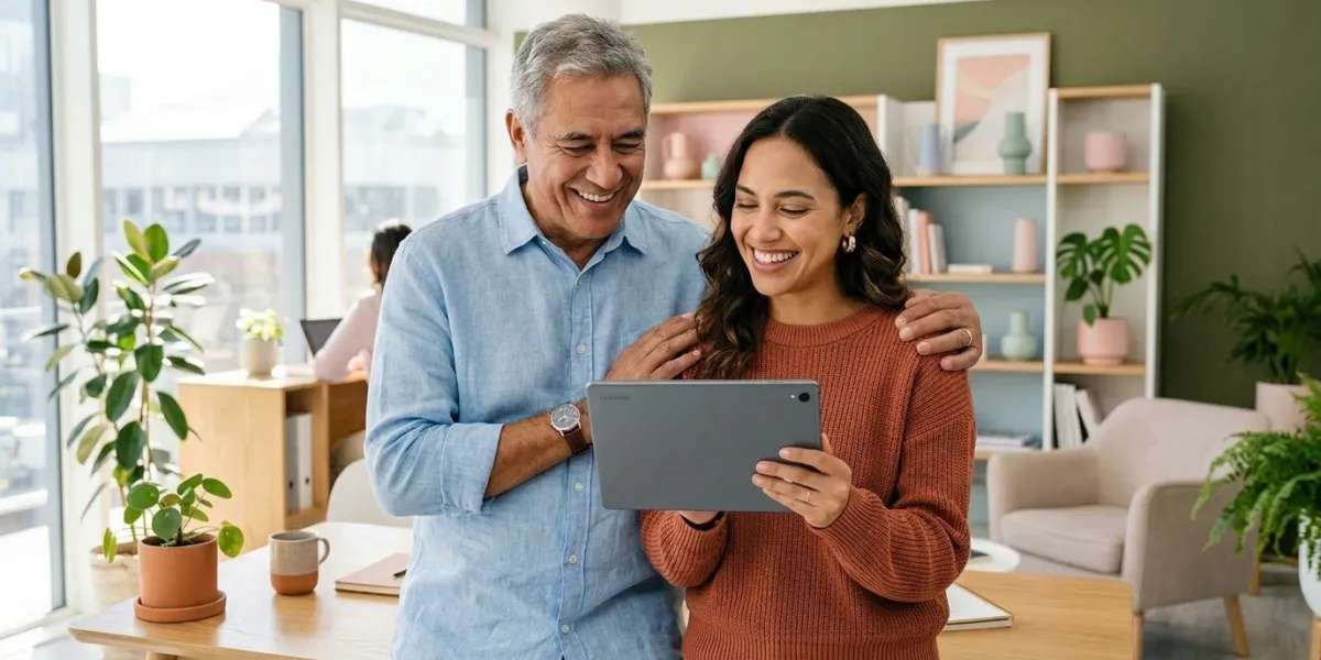 A warm and authentic scene in a sun-drenched modern studio. A father and his adult daughter are stan