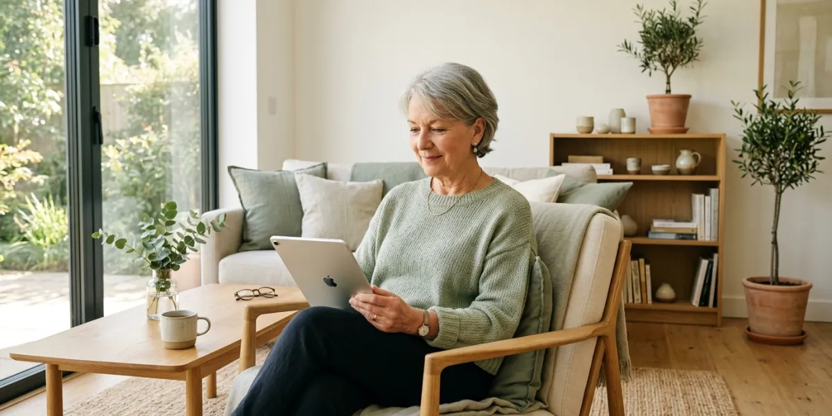 Prompt 1: Une femme d'une soixantaine d'années assise dans un salon baigné de lumière naturelle, exa