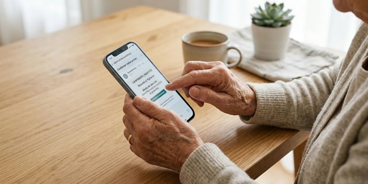 Prompt 2: Plan rapproché sur les mains d'une personne senior tenant un téléphone portable dans un en
