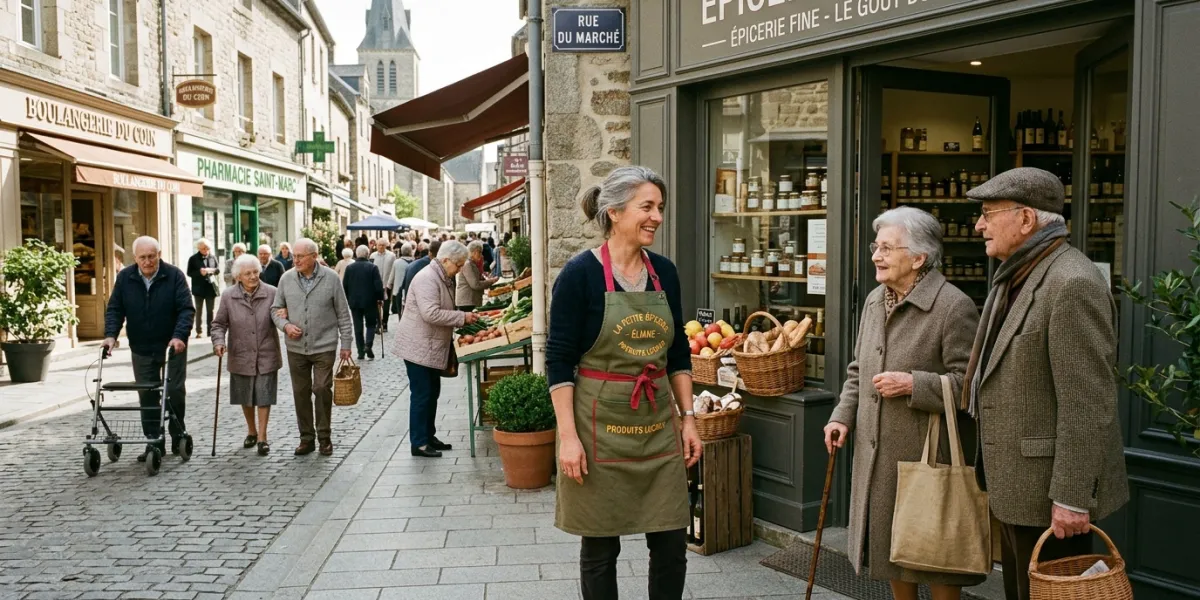 UNE COMMERCANTE DANS UNE PETITE VILLE. TOUS LES PASSANTS ONT PLUS DE 80 ANS
