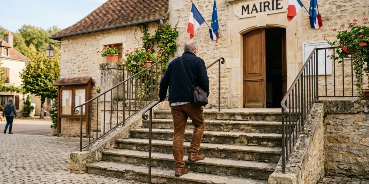 vu de dos d'un homme de 60 ans monte les marches de la mairie d'un village
